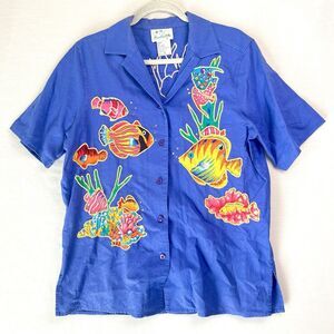 VTG Quacker‎ Factory Tropical Art to wear embellished Linen Fish Coral Reef M